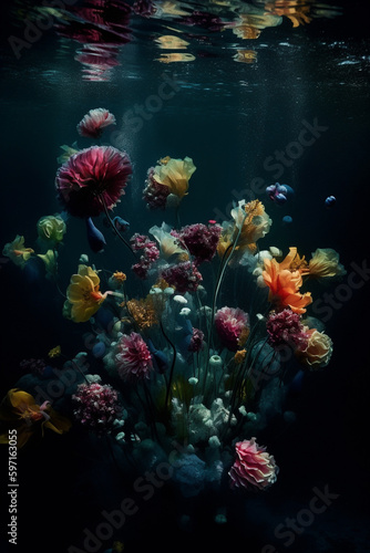 Generative AI of colorful flowers under water