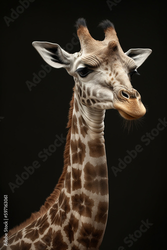 Generative Ai, portrait of a giraffe on black background. 