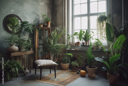 Generative AI of beautiful bohemian interior with green plants.  © belyaaa