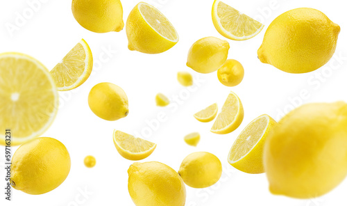 Flying delicious lemon fruits, cut out