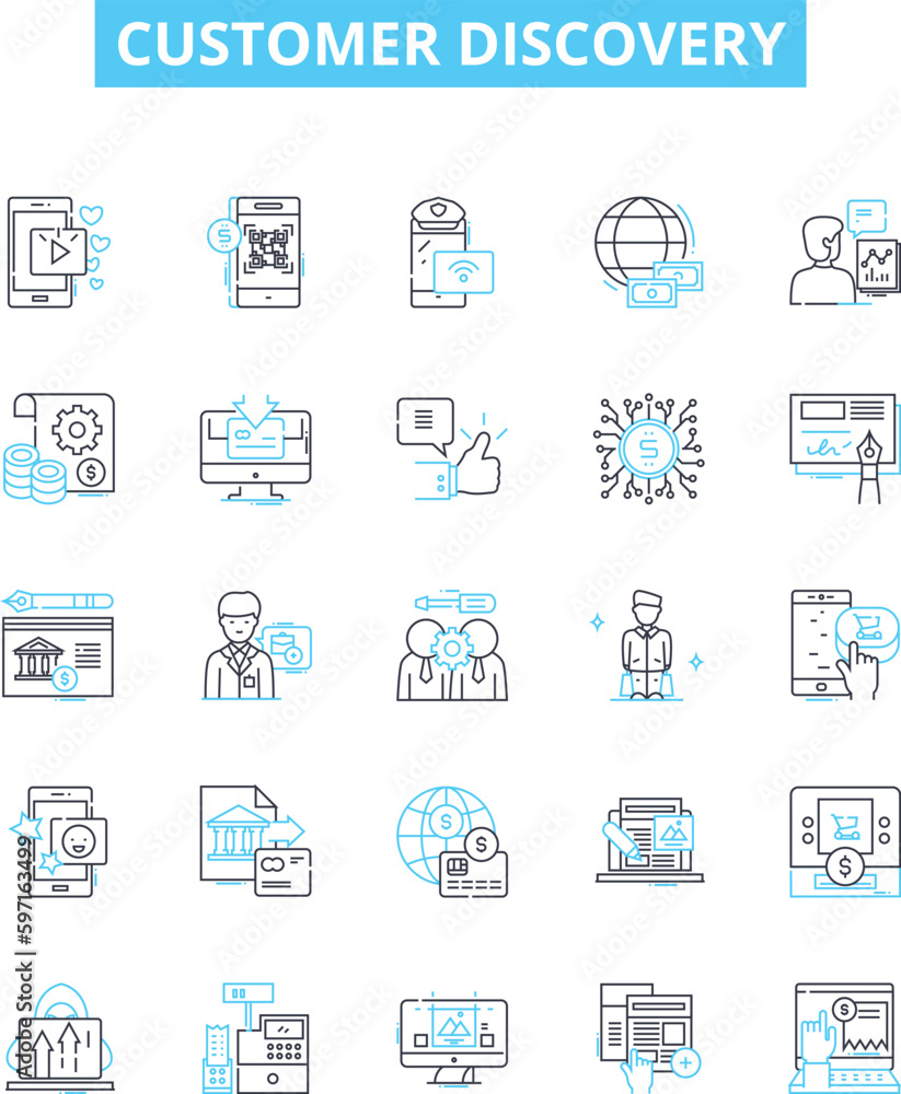 Customer discovery vector line icons set. Research, Insights, Customers, Feedback, Validation, Interviews, Analysis illustration outline concept symbols and signs