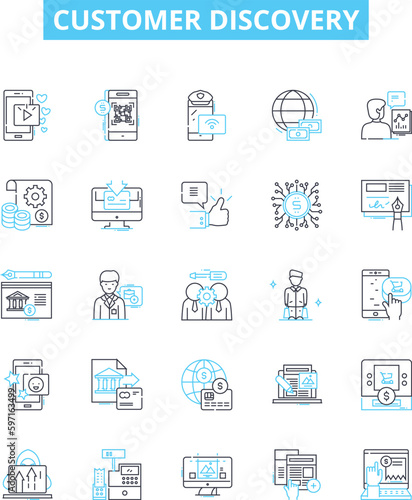Customer discovery vector line icons set. Research, Insights, Customers, Feedback, Validation, Interviews, Analysis illustration outline concept symbols and signs