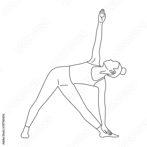 Line art of woman doing yoga in triangle pose vector.