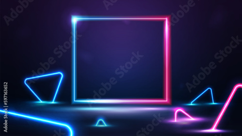Neon square gradient blue and pink frame on dark scene with neon blue and pink triangles around