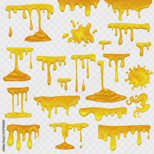 Yellow juice or honey blots set. Maple syrup, caramel and sweet sugar sauce melting and leaking. Dessert design for cafeteria and patisserie cakes and cookies