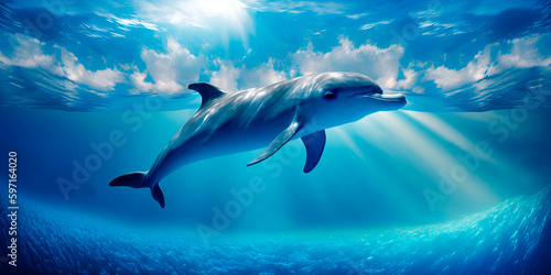 Blue dolphin underwater sunny sea. Wildlife close up marine seascape. Deep blue ocean water light rays. Nature diving aquatic animal photo. Generative AI