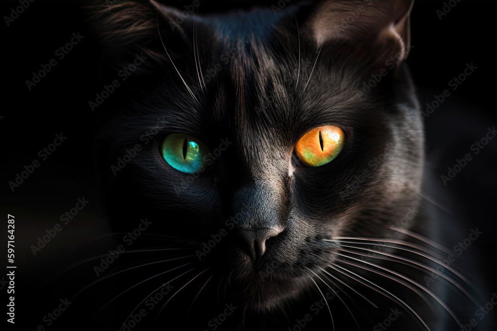Beatiful black cat with eye of a different color watching from the dark. Copy space, black edges.