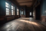 An empty room in an old building with an oak floor. Generative AI