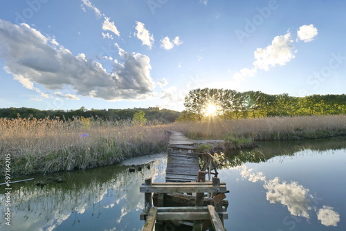  Wood bridge from Oasis on Adda river, Villa d'Adda, Lombardy, Italy