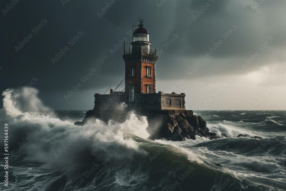 Lighthouse in Porto during storm. Generative AI