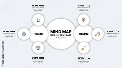 Infographic template. Mind map with 2 steps and 6 icons