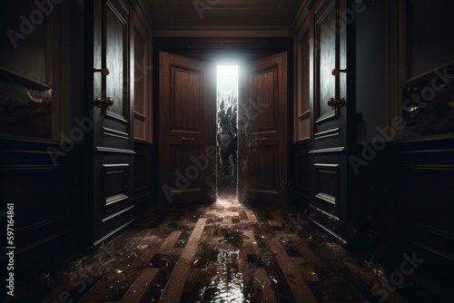 Concept art of a terrifying scene with dark liquid and reversed cross doors. Generative AI © Nerissa