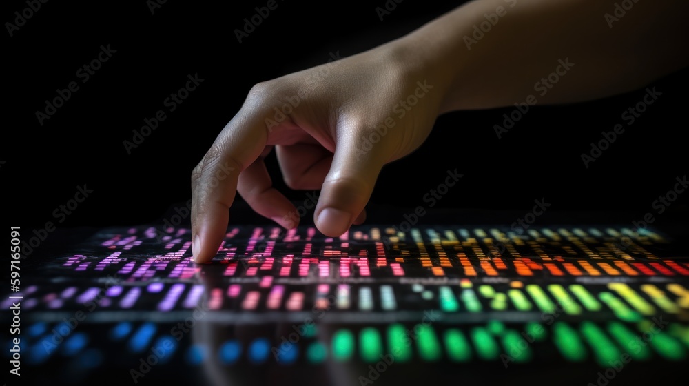 Fototapeta premium Big data technology and data science with person touching data flowing on virtual screen. Business analytics, artificial intelligence, machine learning. Engineer or scientist analyzing stream of data.