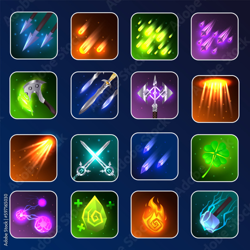 RPG game icon. Fantasy game icons of magic spells and skills. Game interface elements. Vector illustration EPS10. Skill icons