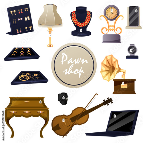 Pawn shop collection. Cartoon pawnbroker sells jewelry collection to customer, store interior. Pawnshop services. Customers Buy and Sell Precious Metals Jewels