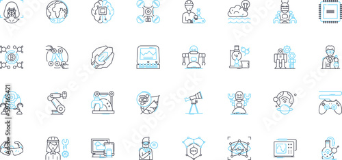 Synthetic creation linear icons set. Artificial, Constructed, Simulated, Manufactured, Engineered, Synthetic, Fabricated line vector and concept signs. Replicated,Cld,Reproduced outline illustrations