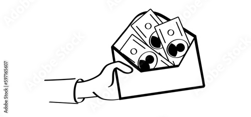 Bribe. Cartoon bundle paper money and hand. Vector money notes or money bill. Bills for cash and currency. Banknotes, banking finance investment. Envelope, post icon. Transaction, transfer concept