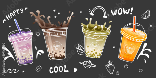 Bubble milk tea poster. Pearl milk tea , Boba milk tea, Yummy drinks. Horizontal summer banner. Vector illustration EPS10