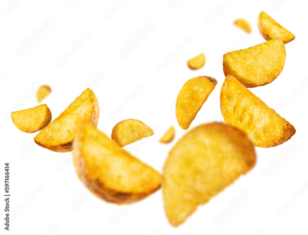 Flying fried potato wedges, cut out