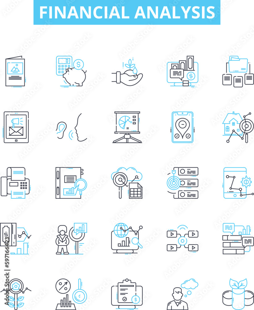 Financial analysis vector line icons set. Finance, Analysis, Financial, Accounting, Investing, Report, Budgeting illustration outline concept symbols and signs Financial analysis vector line icons set. Finance, Analysis, Financial, Accounting, Investing, Report, Budgeting illustration outline concept symbols and signs
