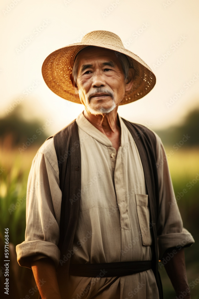 Fototapeta premium As the sun dipped low, a 60-year-old Asian farmer man stood, gazing at his fields, his heart swelling with the satisfaction of a day's labor, painting the earth with life. Generative AI