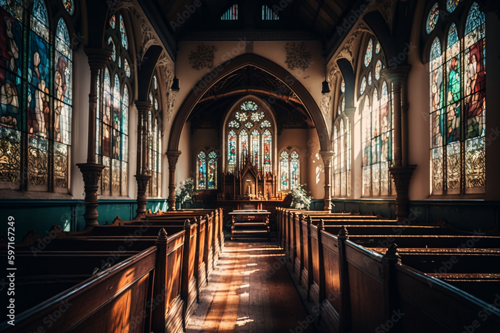 Sunlit Church Interior with Stained Glass Windows