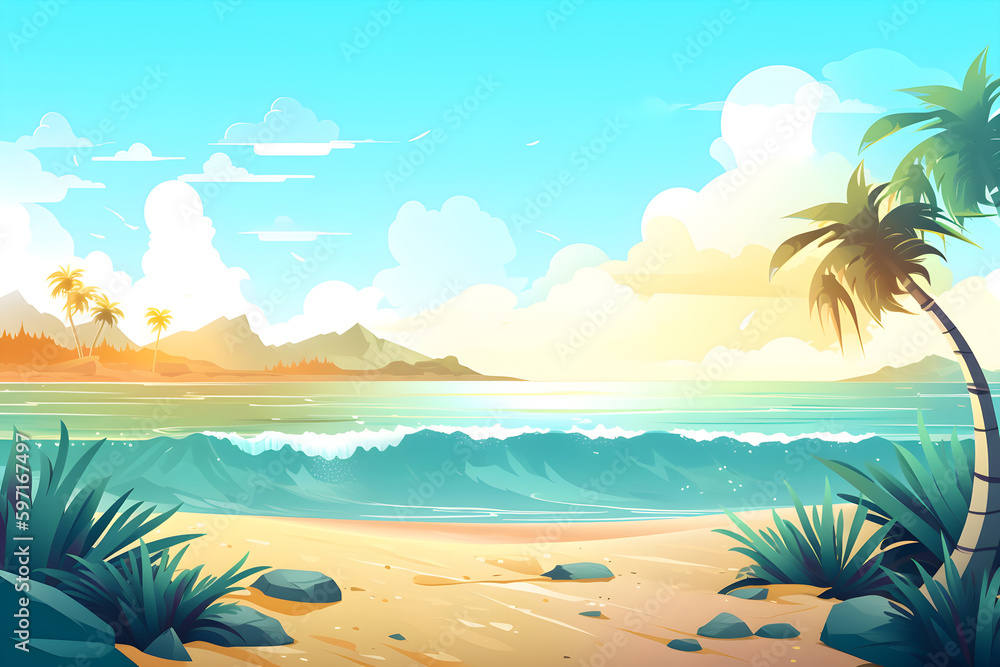 Illustration of a summer beach with waves background. Tropical island vacation. Generated AI