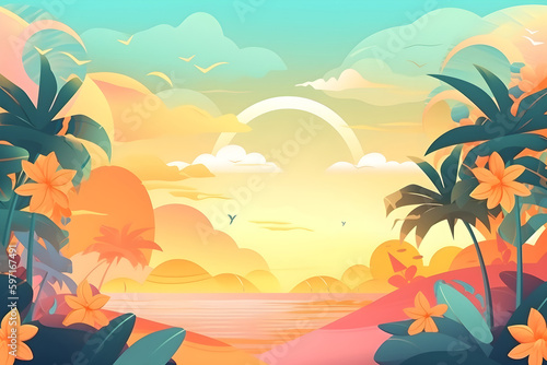 Illustration with a summer beach background. Generated AI