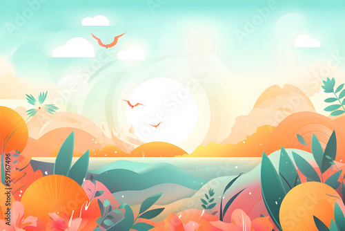 Illustration of a summer beach with flying birds background. Generated AI © Anna Lurye