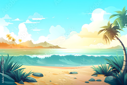 Illustration of a summer beach with waves background. Tropical island vacation. Generated AI