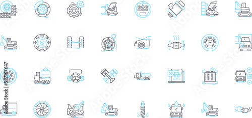 Car repairs linear icons set. Brakes, Transmission, Engine, Suspension, Tires, Battery, Alternator line vector and concept signs. Ignition,Exhaust,Alignment outline illustrations