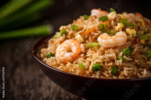 fried rice with shrimp, green onions, and soy sauce photo