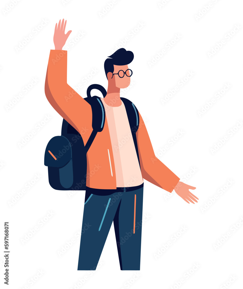One person walking with backpack, vector illustration