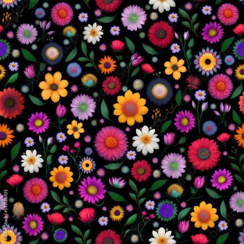 Wallpaper of beautiful florwers for backgrounds, tapestries, prints. Pattern of flowers power design for decorative rapport in black background. Generative AI