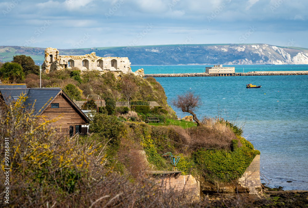 View of Sandsfoot Castle and Portland Harbour, Dorset, England