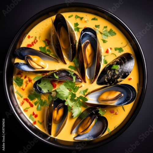 mussels in a coconut milk and curry sauce, topped with cilantro and chili flakes