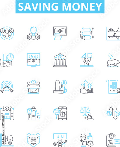 Saving money vector line icons set. Frugal, Budgeting, Investing, Thrifty, haircut, Discounts, penny-pinching illustration outline concept symbols and signs