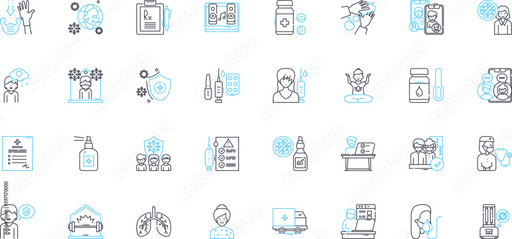 Pandemic outbreak linear icons set. Virus, Infection, Outbreak, Quarantine, Lockdown, Pandemic, Contagious line vector and concept signs. Isolation,Frontline,Spread outline illustrations