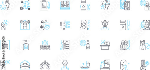 Pandemic outbreak linear icons set. Virus, Infection, Outbreak, Quarantine, Lockdown, Pandemic, Contagious line vector and concept signs. Isolation,Frontline,Spread outline illustrations