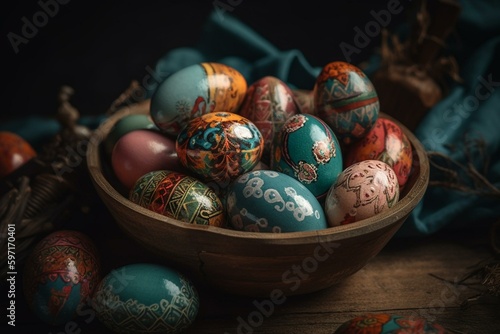 Colorful painted Easter eggs. Generative AI
