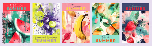 Juicy and bright summer posters, banners, covers, or labels with fruits painted in watercolor with blots and splashes of paint. illustration of watermelon, bananas, lemon, strawberries, peaches.