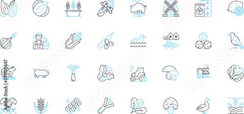 Farming technology linear icons set. Precision, Irrigation, Automation, Dr, Hydroponics, Sensors, Sustainability line vector and concept signs. Fertilizer,GPS,Harvesting outline illustrations