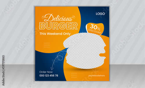Fast food restaurant business marketing social media post or Instagram post or  web banner template design, Fresh pizza, burger & pasta online sale promotion flyer or poster.
