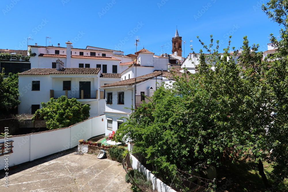 Fuenteheridos, Huelva, Spain, April 26, 2023: Typical white houses of Fuenteheridos, Huelva, Spain