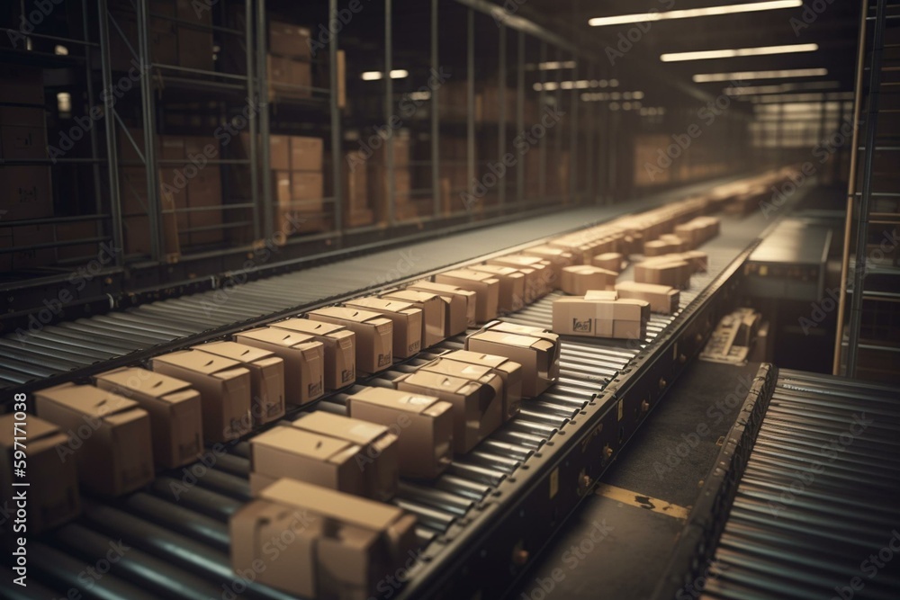 Warehouse conveyor with box of parcels. Advanced warehouse technologies. Courier fulfillment process in 3D rendering. Generative AI