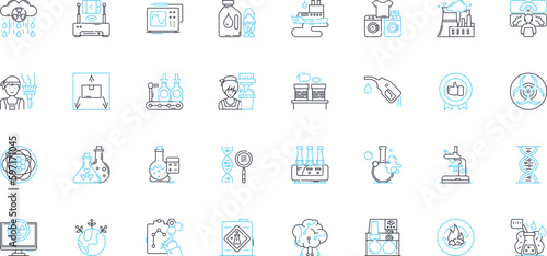 Chemical manufacturing linear icons set. Synthesis, Formula, Reactant, Production, Catalyst, Compound, Distillation line vector and concept signs. Polymer,Crystallization,Solvent outline illustrations