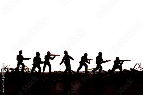 war concept, military toy soldiers on the battlefield on a white background