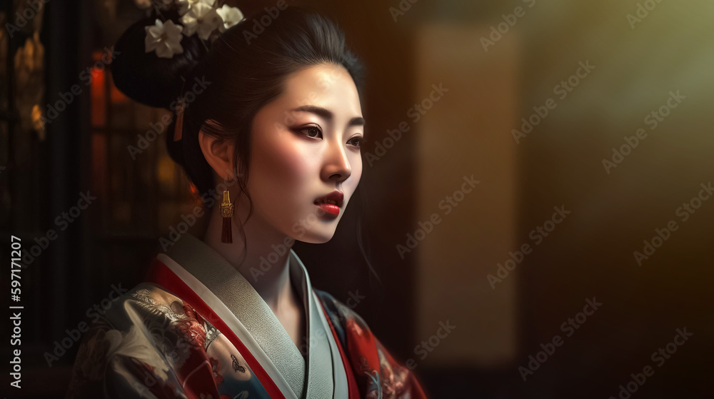 A beautiful Japanese adult girl in traditional dress in low-light portrait shot. generative AI