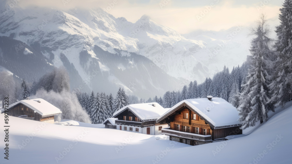 Snow-covered landscape with chalet houses. Generative AI