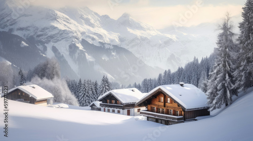 Snow-covered landscape with chalet houses. Generative AI © piai